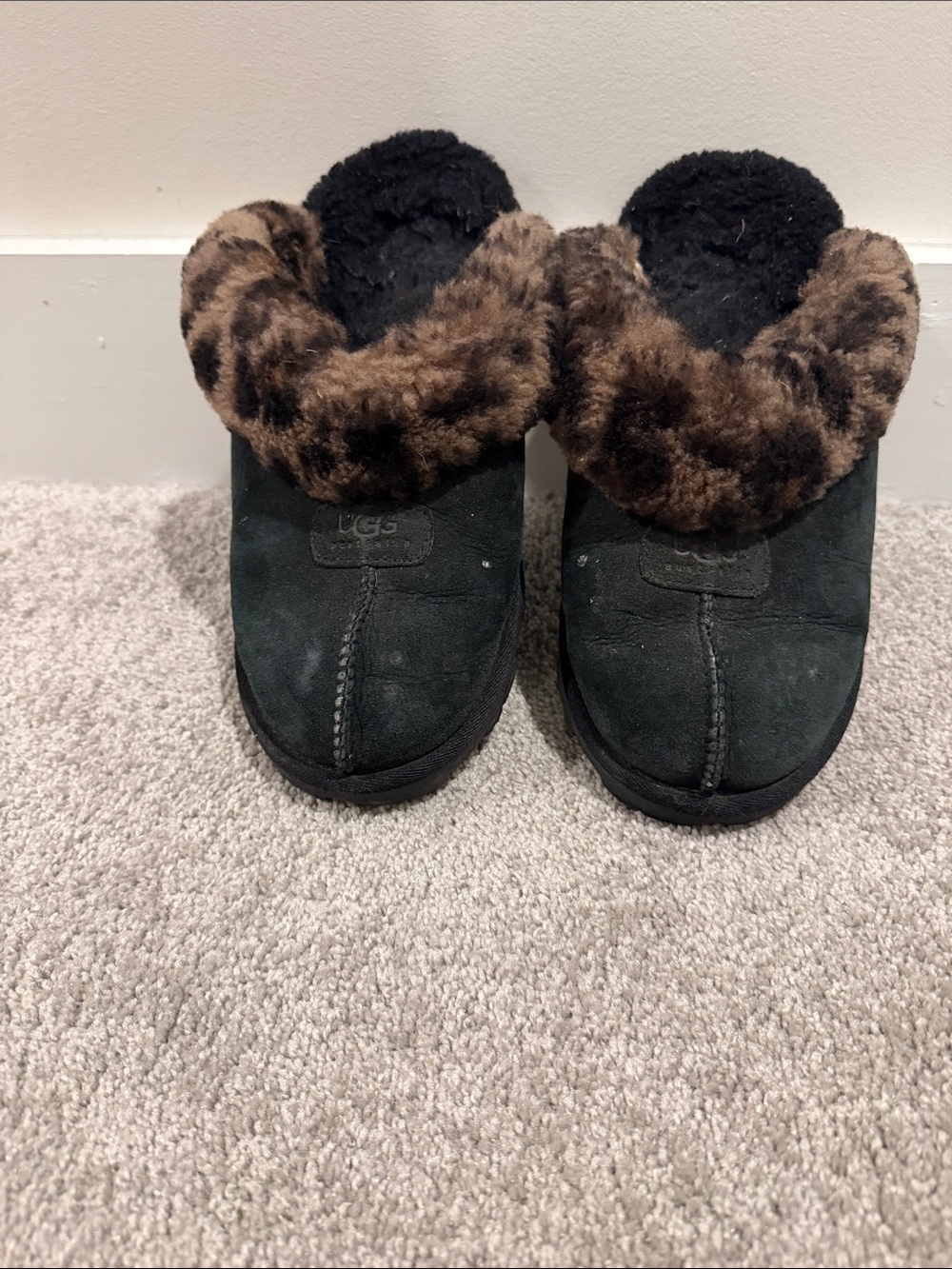 UGG Black Suede Slip-On Slippers with Brown Fur Cuff